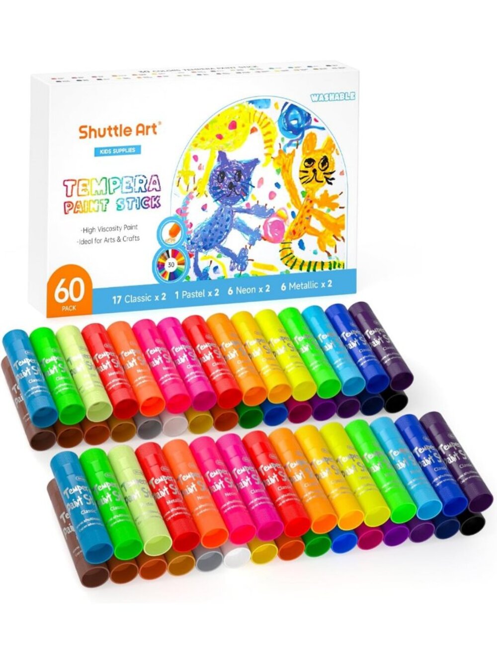 Vibrant 60-Pack Tempera Paint Sticks for Kids - 30 Colors, Washable & Safe